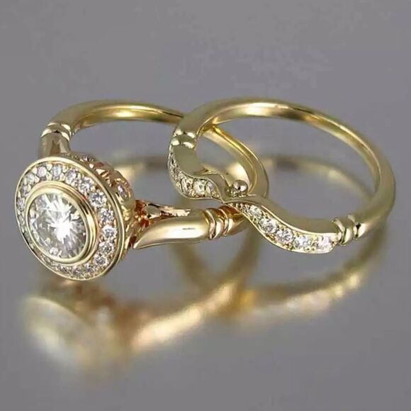 Engagement Ring Set New Gold 2PC Bridal Ring Set Wedding Ring Size 6, 7, 8 - Picture 1 of 5